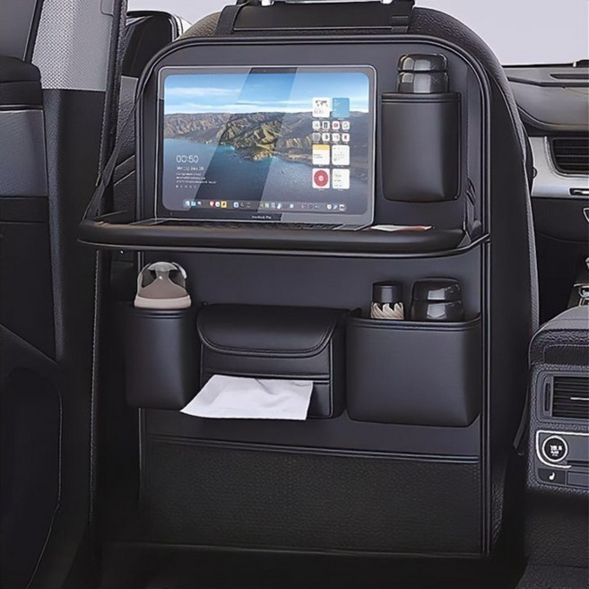 카지온 차량용 수납포켓 가죽 킥커버 멀티 테이블 수납 정리함, 블랙, 1개