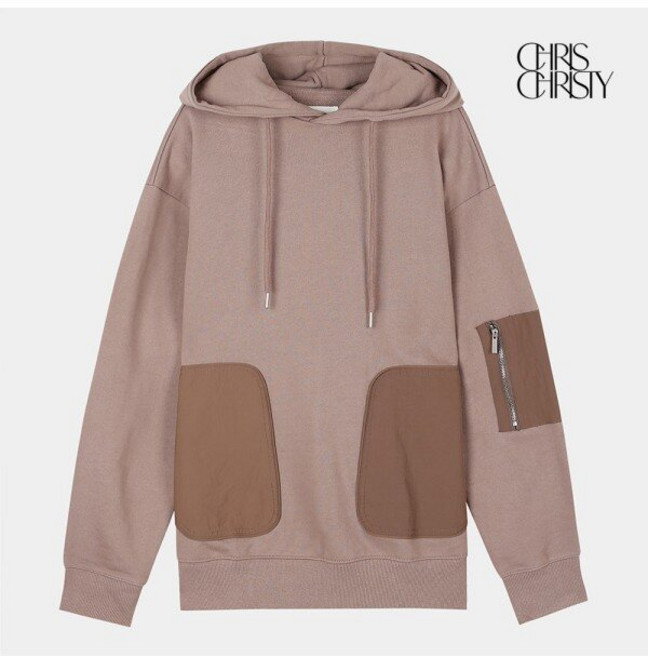 크리스크리스티 크리스크리스티 우븐 패치 지퍼 오버핏 후드 티셔츠_LIGHT BEIGE / KKMALWFDP05