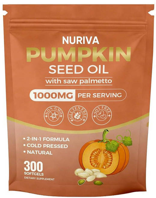 Nuriva 호박 씨앗 오일 쏘팔메토 캡슐 포함 - 2-in-1 포뮬라 냉압착 버진 소프트젤 300개 | 필수 지방산 모발 성장 방광 및 전립선 건강 지원 GMO 프리 (, Nuriva 호박 씨앗 오일, 쏘팔메토 캡슐 포함 -