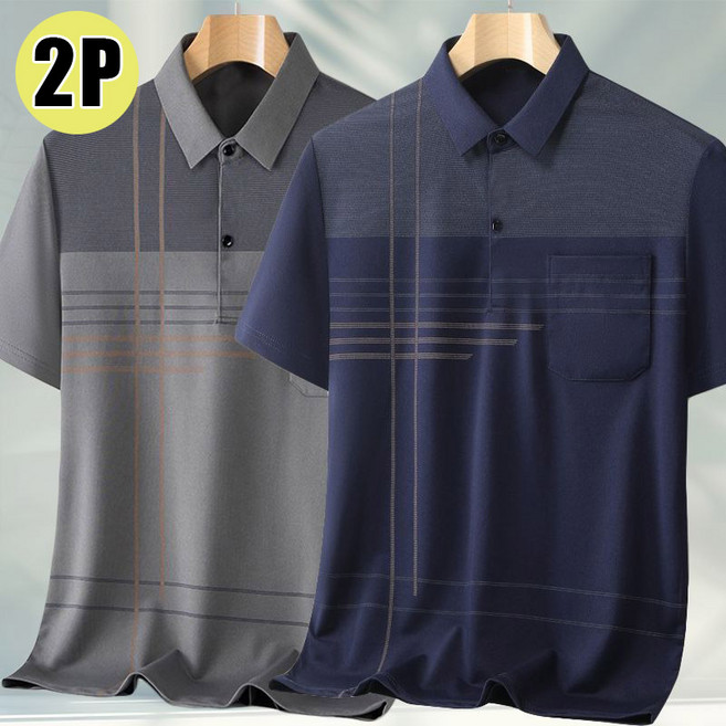 1+1 중년남성 배색 앞포켓 반팔 티셔츠 여름 루즈핏 얇은 카라 편안 반팔티 50대 60대
