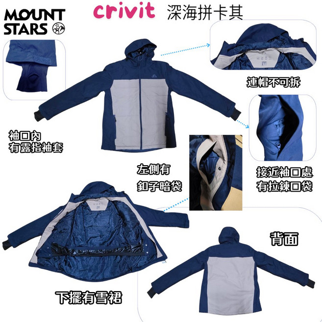 Crivit 男女款防水保暖外套 雪地透氣機能衝鋒衣 登山風雨衣 冬季騎車滑雪外套 深藍拚深灰 L號