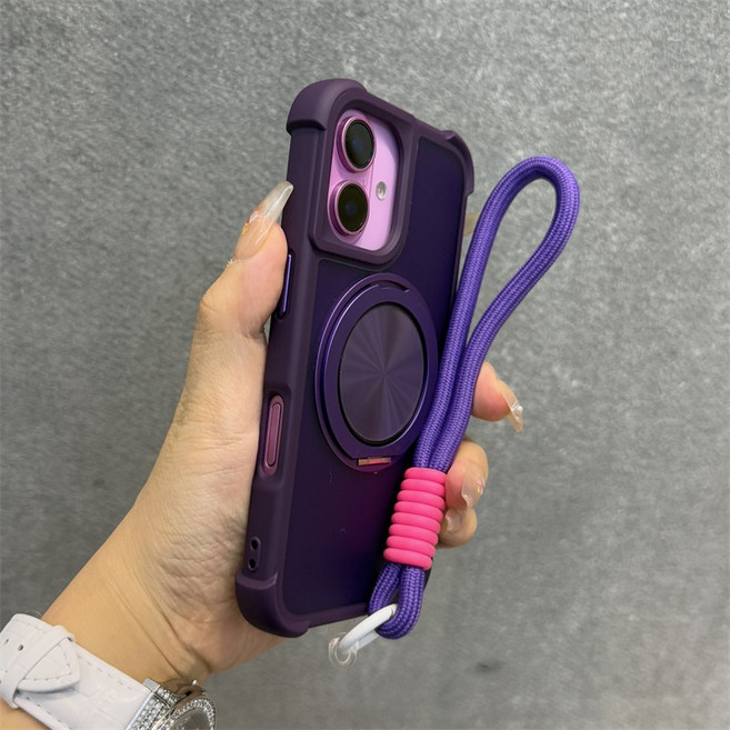 iPhone 16e 15 14 13 12 11 ProMax 一體旋轉磁吸支架 軍規防摔手機殼 掛繩