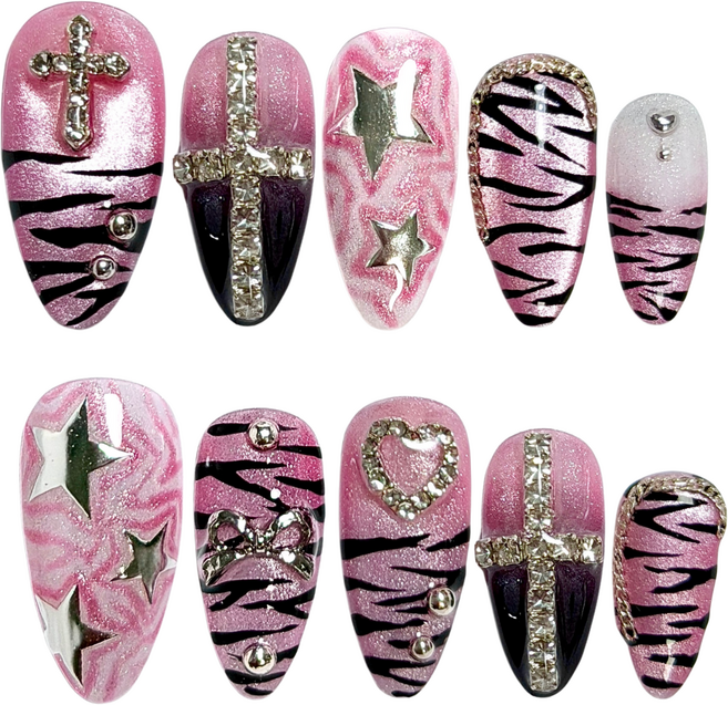 리리샾 불량 갸루 핑크 수제네일팁, 1개, 블랙핑크 아몬드