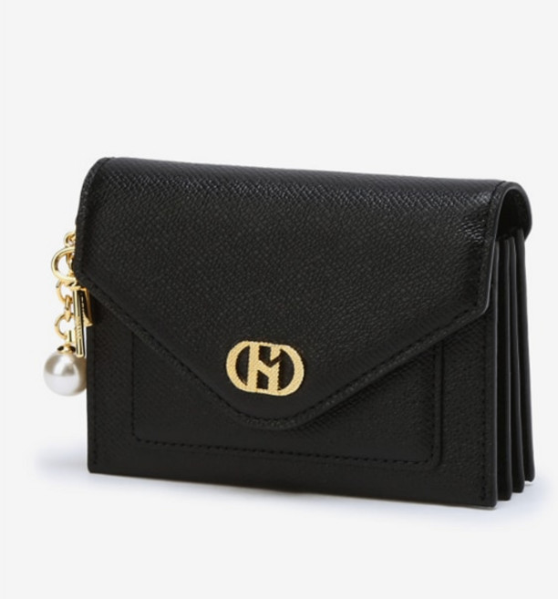 헤지스 여성 여자 지갑 하객룩 장지갑 블랙 로고장식 소가죽 카드지갑 E512BK 데일리 일상 외출 모임 룩