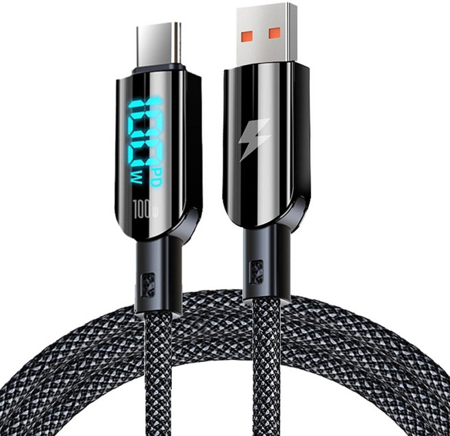 YORI優里 USB Type-C 100W 數顯充電線 編織快速充電傳輸線, 120cm, 黑色(未滿百不出貨), 1條