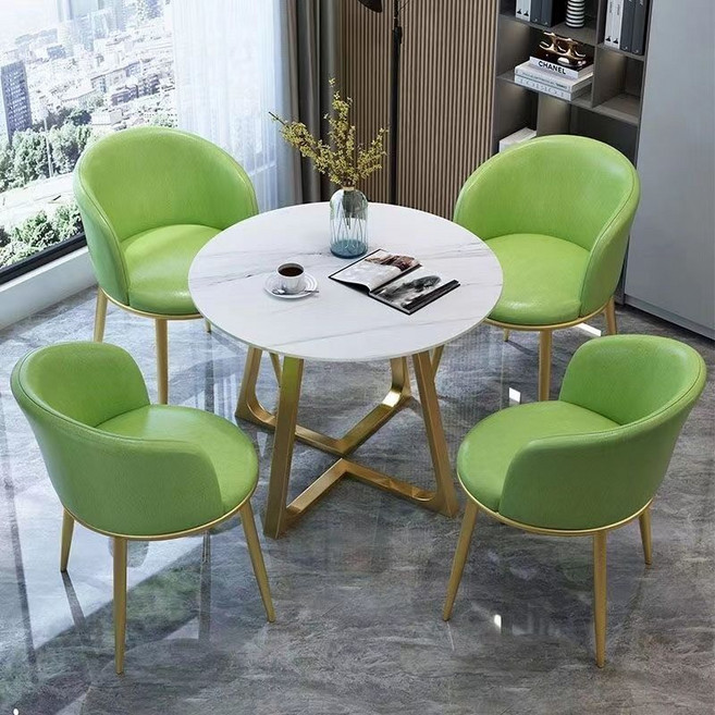 남쪽나무 테이블 의자 세트 카페 호텔 스튜디오 홈 인테리어 업소용 소파 디자인, 금색 V자 강철 프레임 + 라임색 가죽 의자, 80cm 원탁 테이블