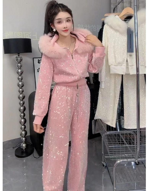 스팽글 세트 집업 퍼 후드 팬츠 트레이닝 셋업