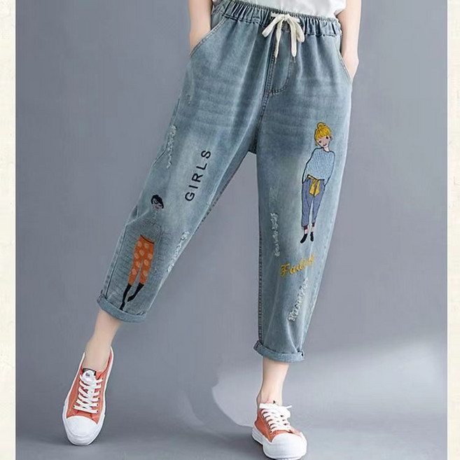 라오농 큰 빅사이즈 데님 긴바지 가을옷 문예 대부호 여성복 워싱 찢어진 9부 바지 스티커 찢어진 구멍 헐렁헐렁한 캐주얼 롤업 데님Lfe6801