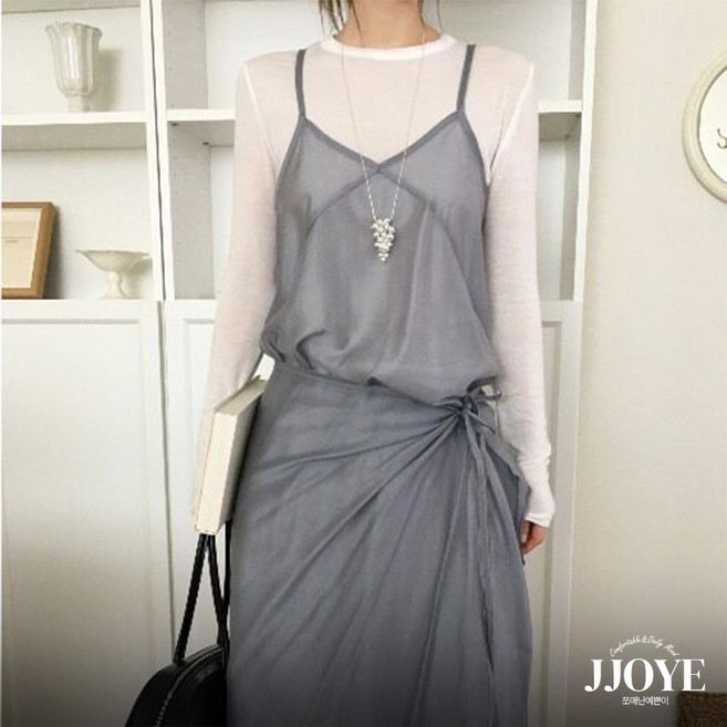 쪼예 [투피스] 레이어드룩 뷔스티에 시스루 미디 나시 원피스 랩 스커트 세트