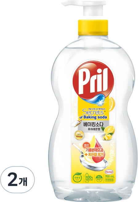 프릴 베이킹소다 주방세제 퓨어 레몬, 700ml, 2개