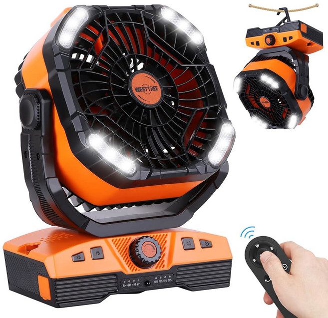 WESTTREE 트리 20000mAh 캠핑 팬 진동 휴대용 배터리 전원 충전식 필수품 라이트 후크 포함 270° 피벗 USB 책상 작동 야외 텐트 여행 125810, X68 오렌지