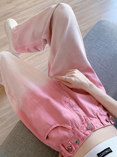 그러데이션 핑크 하이웨스트 데님 팬츠 여 여름 일자 루즈핏 날씬해 보이는 디자인감 와이드 팬츠