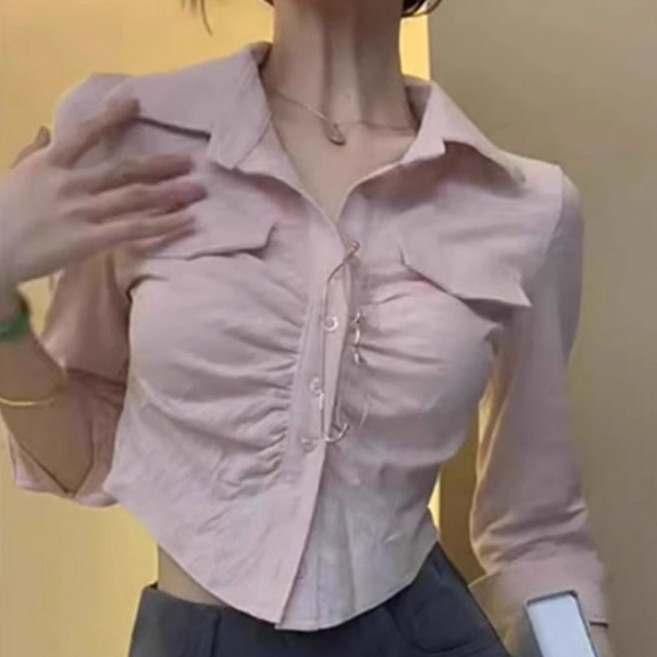 나인클로젯 셔링 주름 크롭 여성 셔츠 봄 가을 짧은 블라우스 배꼽티