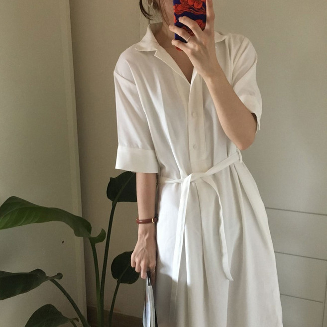 韓版慵懶寬鬆中長款綁帶襯衫連身裙 舒適透氣展現多樣化風格, 蓝-S