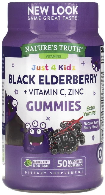 Nature's Truth Just 4 Kids 블랙 엘더베리 + 비타민 C 아연 천연 베리 베리 비건 구미젤리 50개, Nature's Truth Just 4 Kids ..., 1개, 50정 - 쿠팡