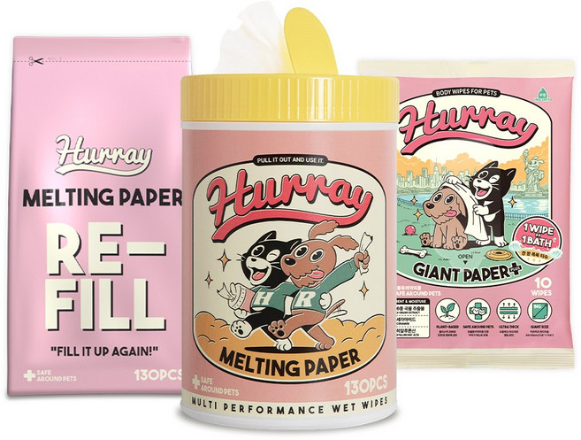 허레이 멜팅페이퍼 반려동물 물티슈 130매 본품&리필 세트 + 자이언트페이퍼 바디티슈, 130매 본품&리필SET + 자이언트페이퍼1팩, 1세트, 1개입