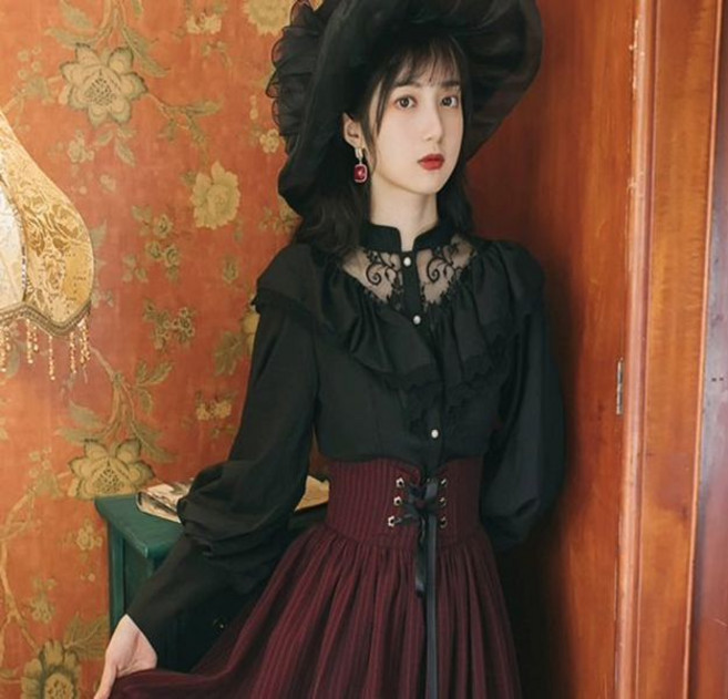 경성의복 개화기의상 레트로 빈티지 투피스 촬영 의복, 블랙 셔츠
