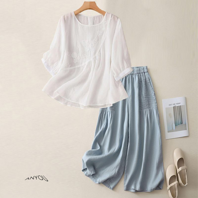 ANYOU 여름 투피스 슬림핏 패션 면마 세트 린넨 와이드 팬츠 면마 자수 여 세트