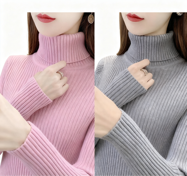 1+1 여성 목폴라 니트 스웨터 캐주얼 가을 겨울 도톰 터틀넥 상의 루즈핏 이너 니트티 기질 하이넥 니트 스웨터 2P CY