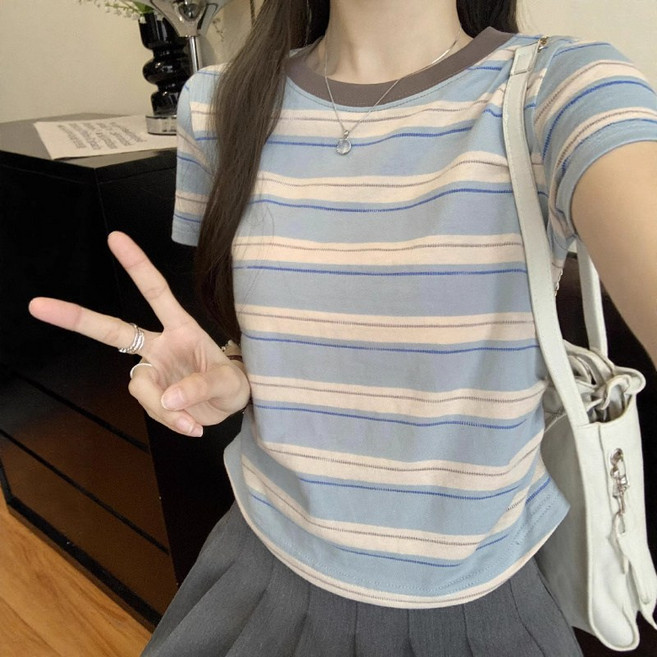 BROWMODA 여성 라운드넥 스트라이프 반팔 티셔츠