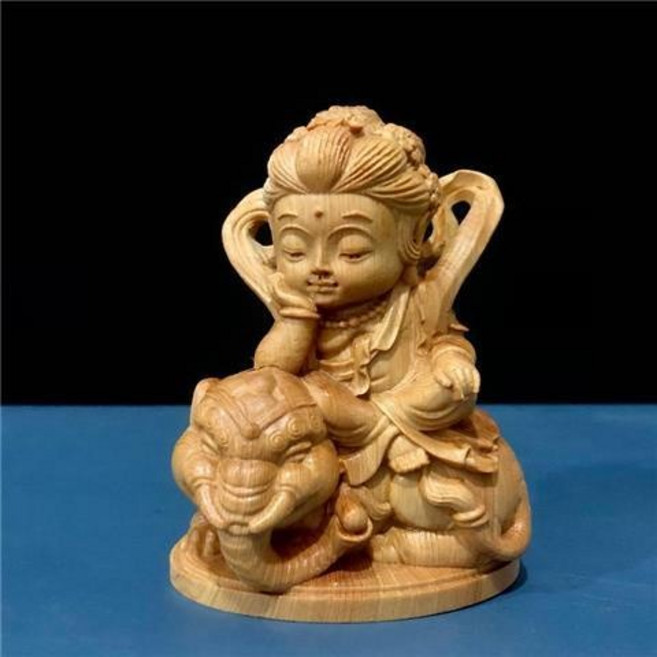 崖柏黃楊木雕 Q版文殊普賢菩薩 人物神像 工藝品, 崖柏普賢