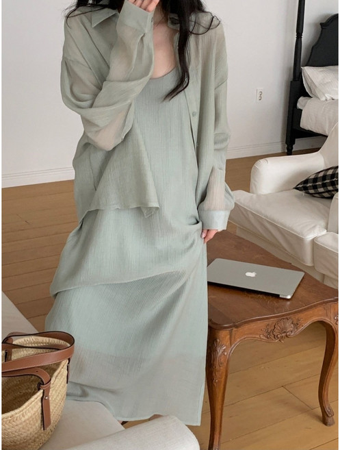 시스루 루즈핏 셔츠 + 나시 롱원피스 세트 4컬러
