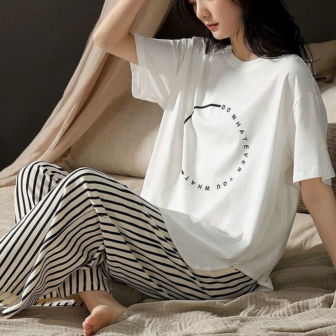 올해브 여성용 잠옷 반팔 티셔츠 + 긴바지 홈웨어 잠옷 상하의 세트