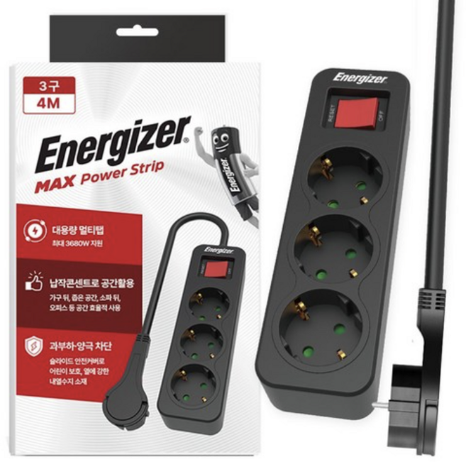 에너자이저 과부하차단 고용량 3680W 납작 멀티탭 3구, 4m, 블랙, 1개