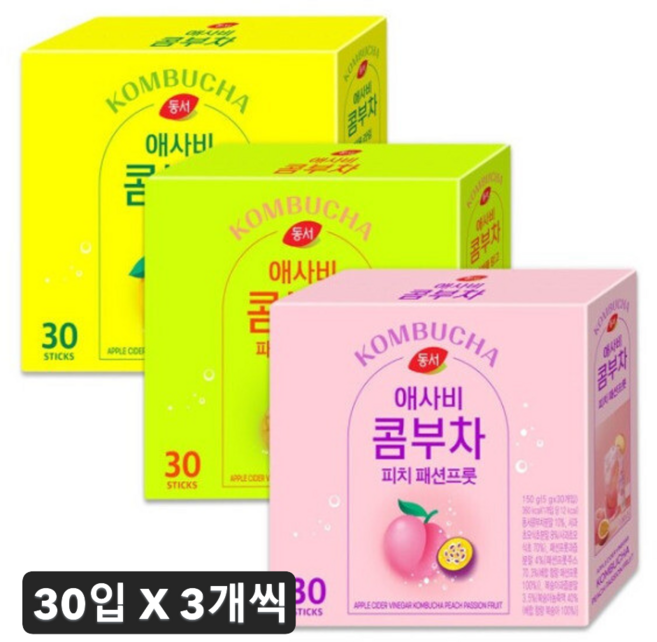 동서 애사비 콤부차 3가지 맛, 9박스, 30개입, 5g