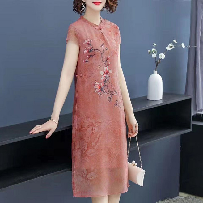 POMTOR 핑크 그린중국식 꽃무늬 단추 엄마 원피스 트임 미디 빅 사이즈치파오