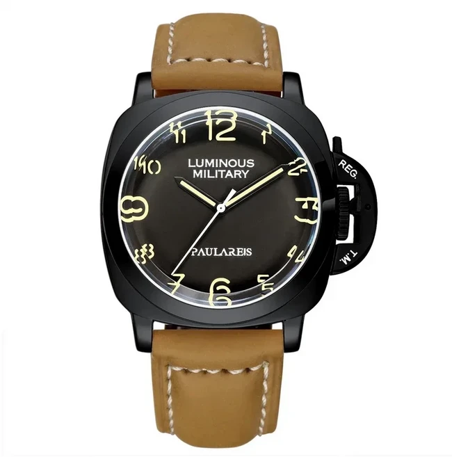 남성용 자동 시계 정품 브라운 가죽 옐로우 그린 밀리터리 44mm 럭셔리 로즈 골드 Reloj Hombre Baratos, 03 Black Yellow