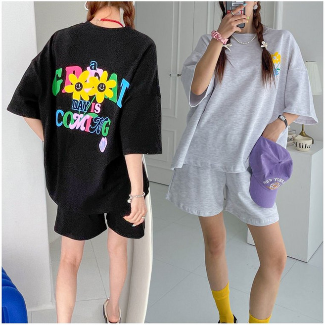 렛잇샤인 박스핏 가오리 반팔티+밴딩 반바지 트레이닝복 상하의세트