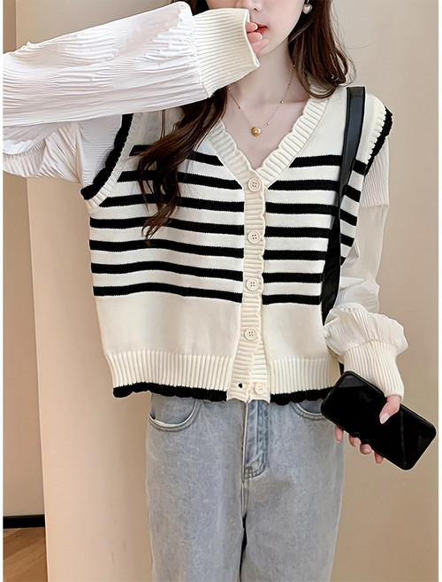 Kdragon 봄가을 브이넥 스트라이프 니트 배색 버튼 블라우스