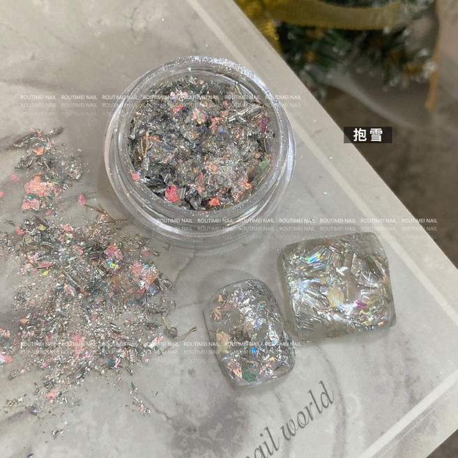 美甲夢幻極光亮片混合粉偏光超閃日係指甲裝飾金箔紙, 1個, 1#抱雪【亮片】
