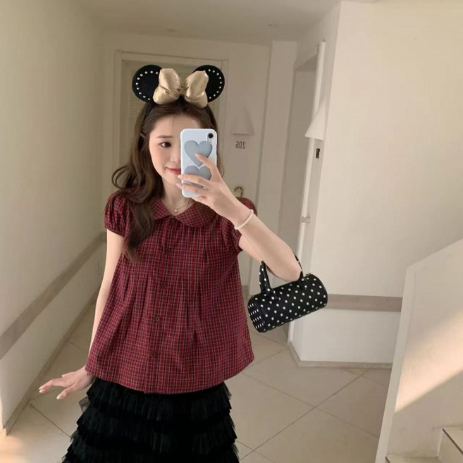 해피유통 여성 체크 베이비카라 반팔 블라우스 러블리 루즈핏 여름 상의