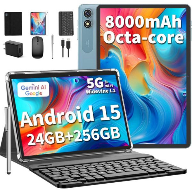 10인치 안드로이드 15 태블릿 2026 키보드 포함 24GB+256GB+2TB 확장 가능 2in1 제미니 AI 옥타코어 8000mAh 5G 와이파이 와이드바인 L1 GMS P, YLEEBG 검정