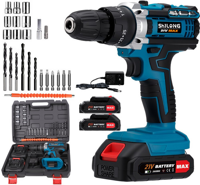 SHILONG 21V 가정용 다용도 전동드릴 35N 빅토크해머드릴무선 가정용전동드라이버 임팩트드릴 해머전동드릴 배터리 2개 2000mah세트 풀세트 파란색, 1세트