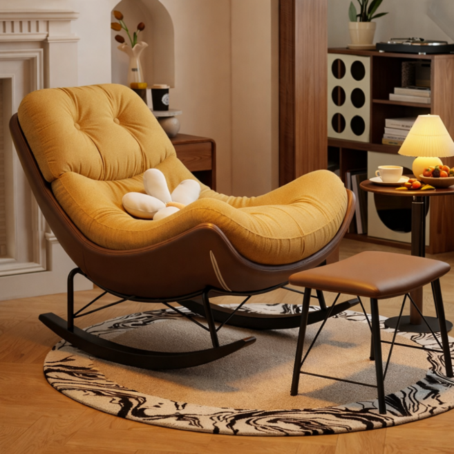 리베누아 Libenoir 프리미엄 1인용 럭셔리 흔들의자 리클라이너 스윙체어 안락의자 독서의자 쇼파, 1개, 15. 옐로우 + 브라운 (발받침대 포함)