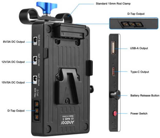 Andoer V 마운트 배터리 플레이트 락 어댑터 65W PD 고속 충전 암 8V 12V 15V DC 출력 D-탭 액세서리, 1개