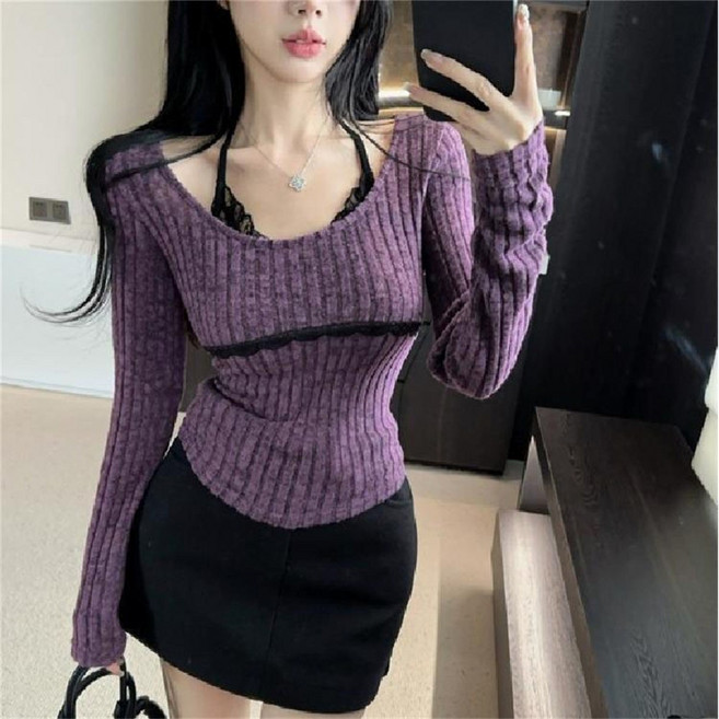 besteffie 여성 섹시 니트 긴팔 티셔츠 가을 겨울 이너티 골지티 기본티 사계절