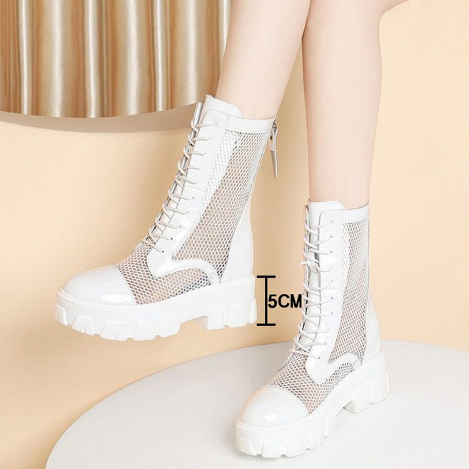 슬림소녀 여성 봄 여름 내키높이 망사 부츠 통기 캐주얼 신발 끈 스타일 통굽 누빔 디자인 부츠