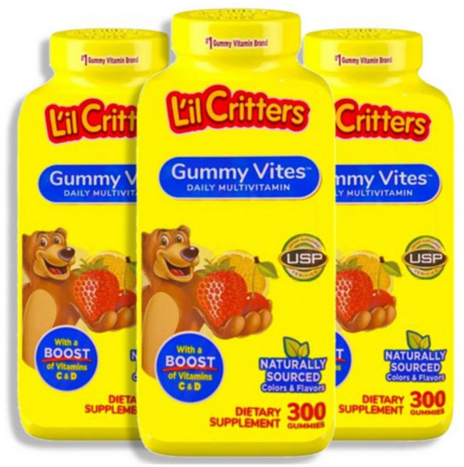 Lil Critters 릴크리터스 구미 바이트 어린이용 멀티비타민 300구미 5병, 300정, 3개