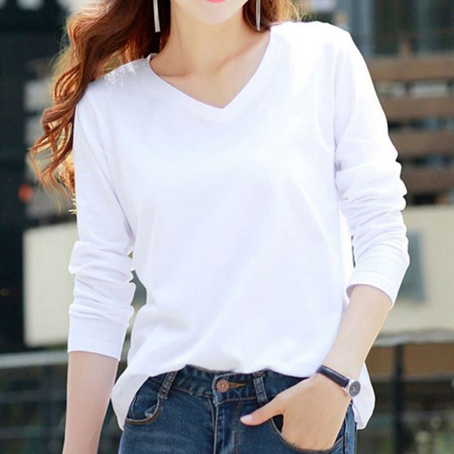 여성 기본긴팔티 브이 라운드 루즈핏 데일리 티셔츠