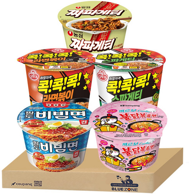 [블루존] 용기 컵라면 볶음면 5종 (스파게티+라면볶이+짜파게티+ 팔도비빔면+까르보불닭), 1박스