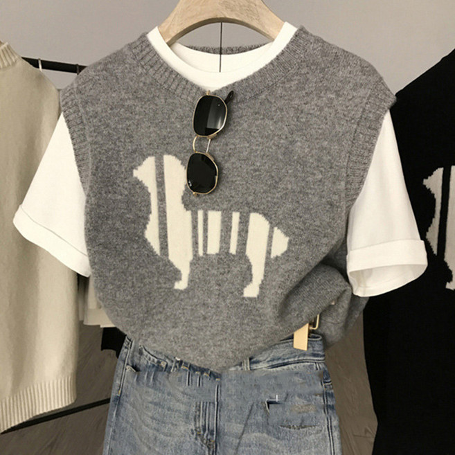 COSYEVNO 여자 니트 나시 겨울 퍼피 자수 라운드넥 루즈핏 날씬해 보이는 데일리룩 편안한 베스트 LFHzzmj-10