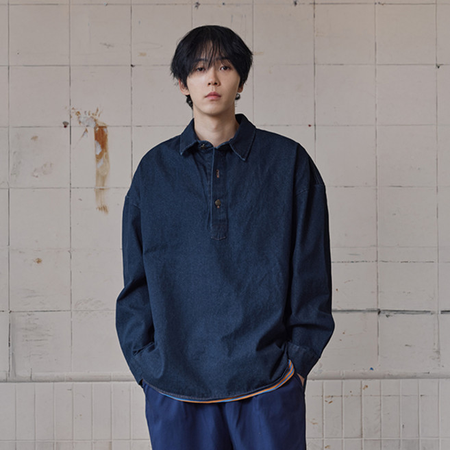 러기드하우스 하프 오픈 데님 셔츠 진청