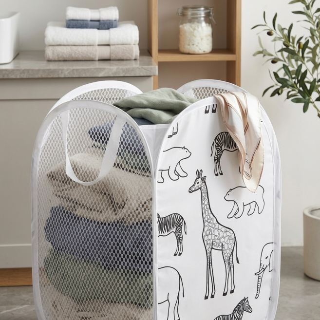 기린 접이식 메쉬 빨래 바구니 빨래망 다용도 보관망 수납 바스켓, 화이트