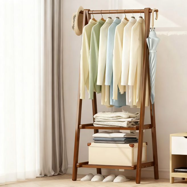 옷걸이행거 빨래 건조대 원목 행거 실내 행거 심플 행거, 갈색