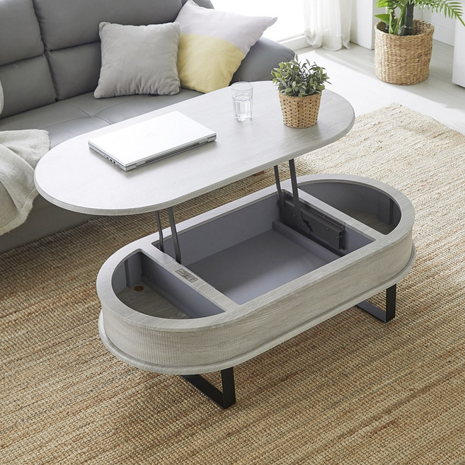 조이 타원형 템바보드 리프트업 거실 소파 테이블 기본타입, 워시그레이(OTBA01SGC)