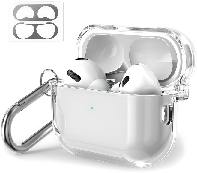 누아트 에어팟 프로 2 변색없이 투명한 일체형 하드 케이스 + 메탈 철가루 방지 스티커 세트, 에어팟 프로2, 투명(케이스), 랜덤발송(스티커), 1개